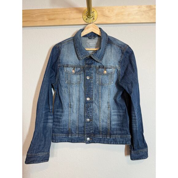 Women's Here + There Denim Blue Jean Faded Look Jacket Size Medium - Picture 2 of 8
